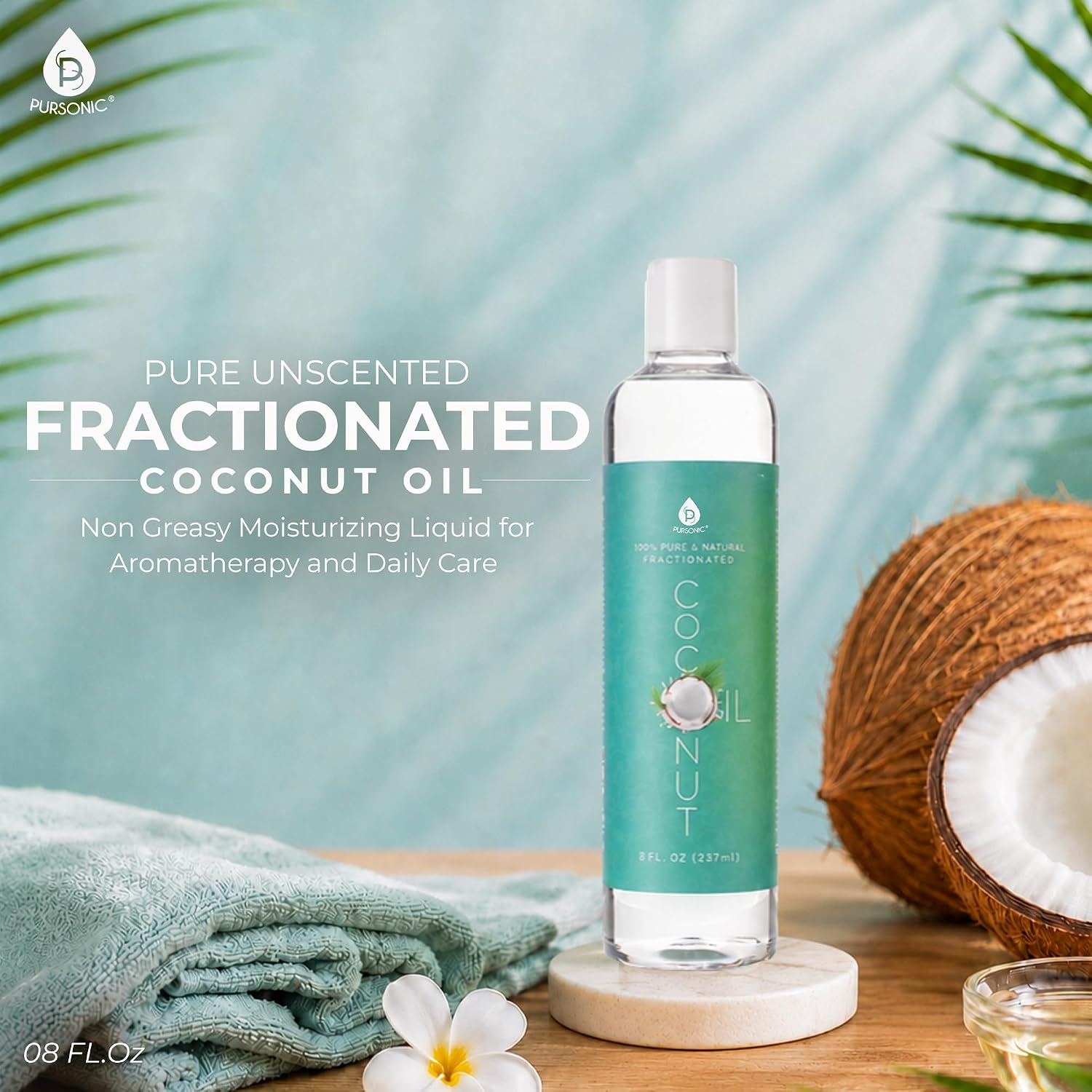 Pure Unscented Fractionated Coconut Oil - 8 Oz Multipurpose Oil for Skin, Hair, Body Massage & Makeup Removal - Carrier Oil for Essential Oils and Aromatherapy